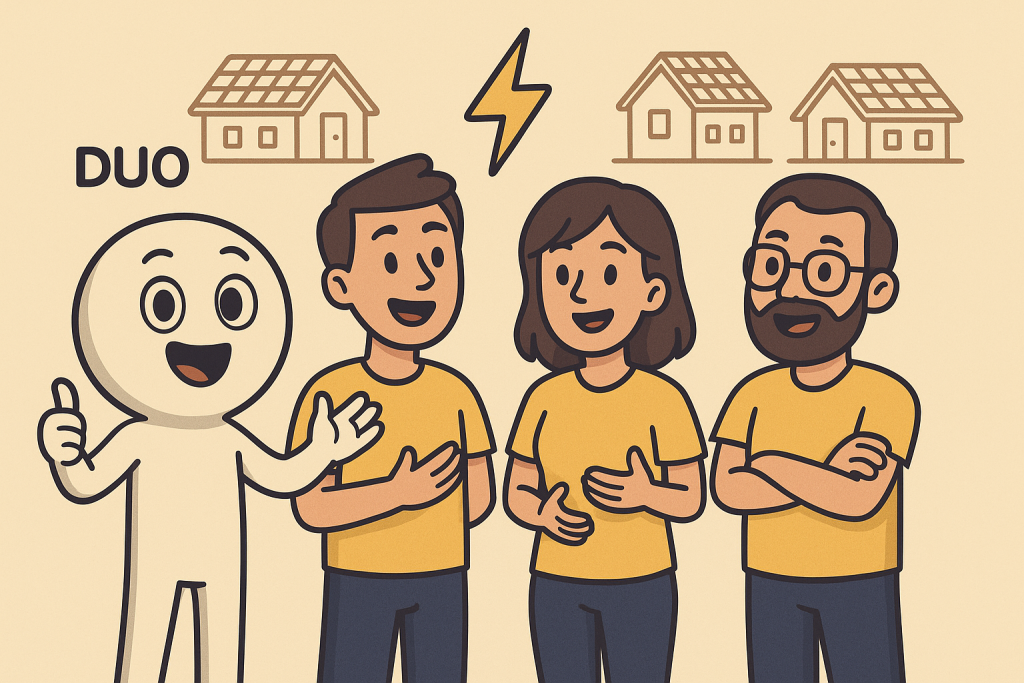 Personagem DUO ao lado de três membros da equipe usando camisetas amarelas, sorrindo em frente a ícones de casas com painéis solares, representando o trabalho colaborativo da DUO Energy.